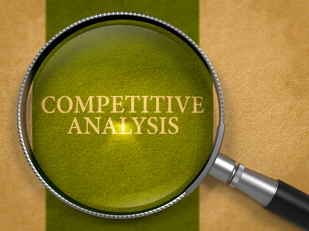 Competitive Analysis through Loupe on Old Paper with Dark Green Vertical Line Background. 3d Render.