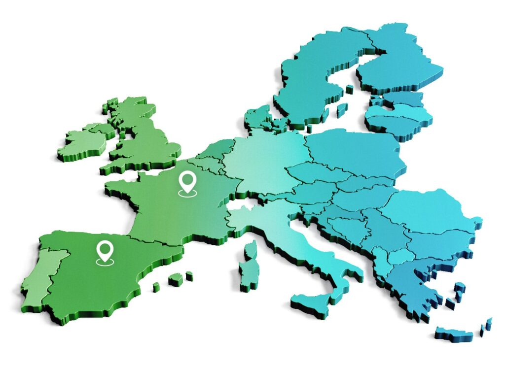 Map showing PayXpert office in France and Spain
